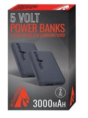 ActionHeat 5V Power Banks 2-Pack With Dual Micro-USB Charging Cord 3000mAh Slim
